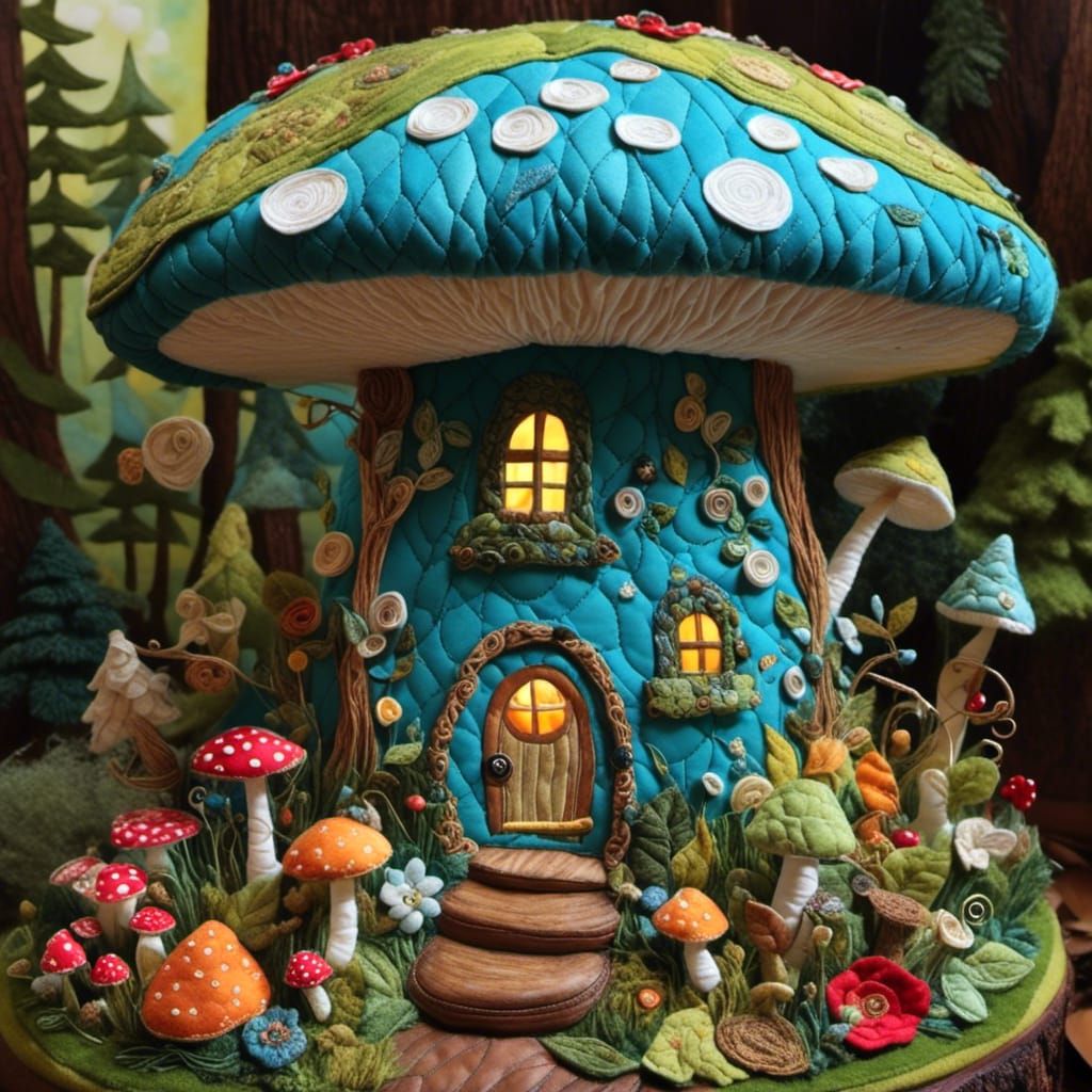 Quilted Fairy Mushroom House in Forest Scene