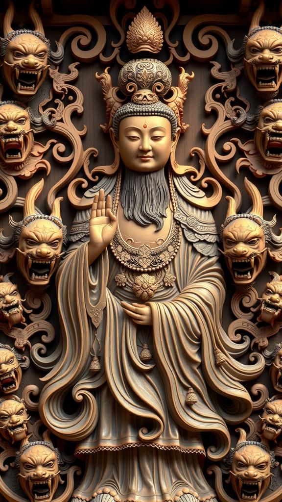 Detailed Wood Carving of Guanyin Statue