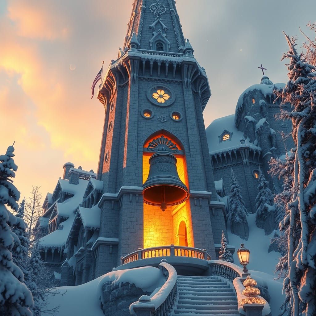 Majestic Snowy Tower with Glowing Great Christmas Bell