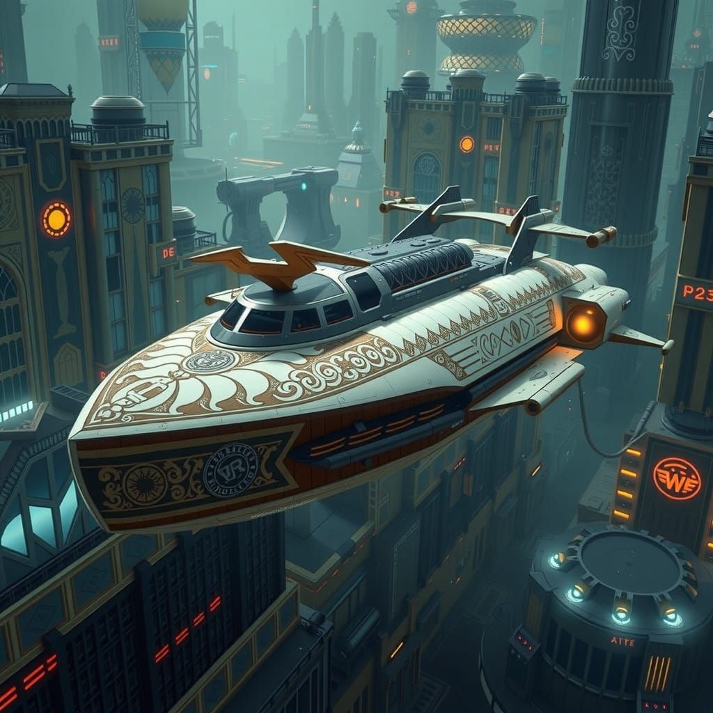 Ancient Futuristic Cyberpunk Spaceship with Symmetrical Brut...