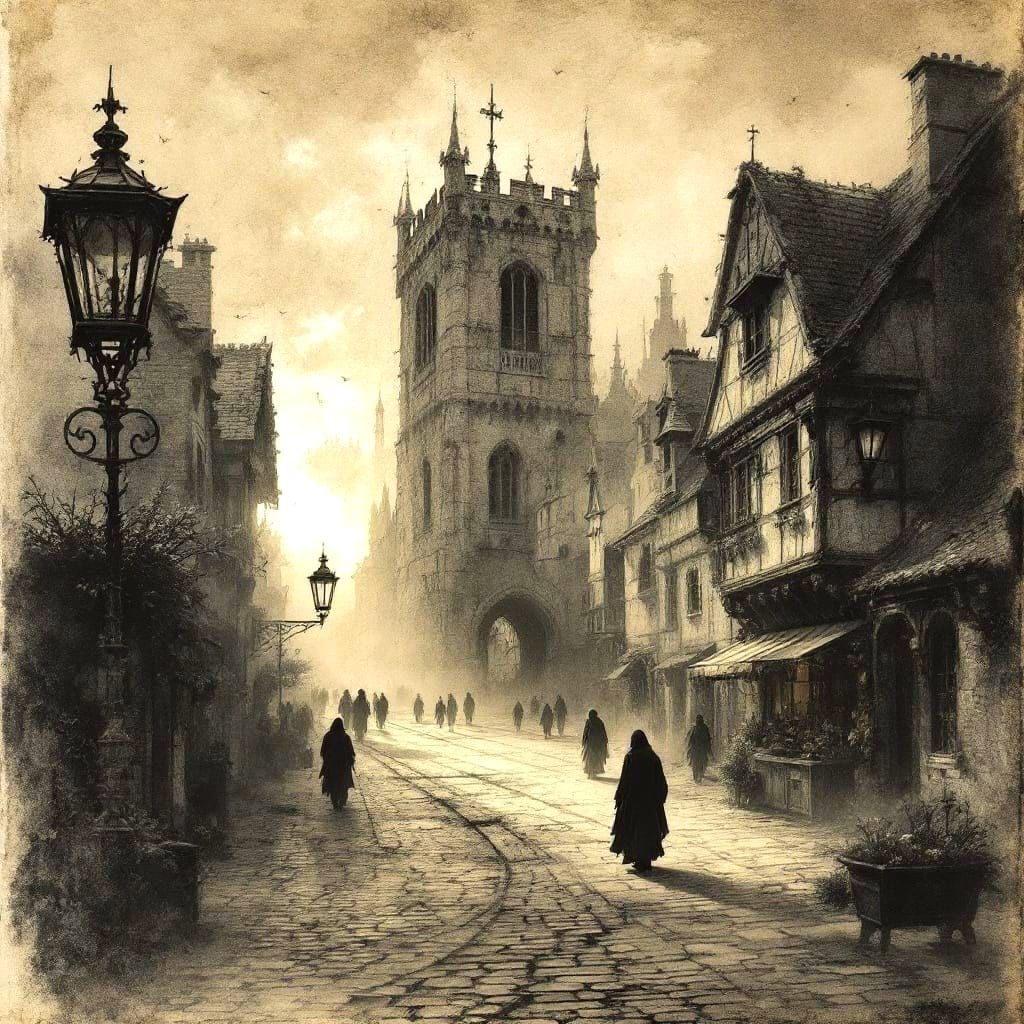 Northern Gothic Steampunk Scene in Ink and Charcoal
