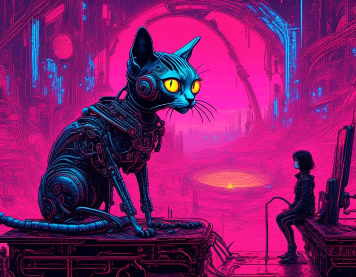 Cyborg Alien with Cyberpunk Cat in Neon Cityscape