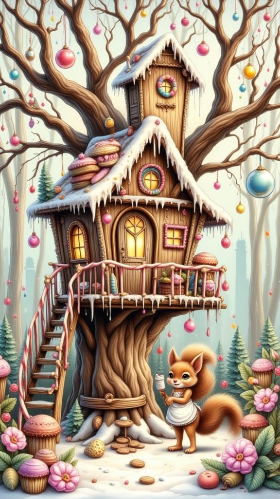 Gingerbread Treehouse in Pastel Watercolor Style