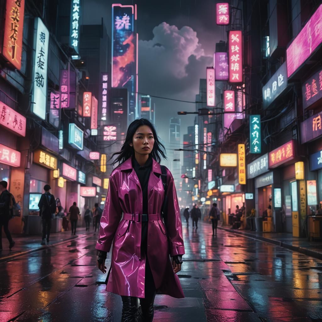 Asian Girl in Moody, Futuristic Cityscape
