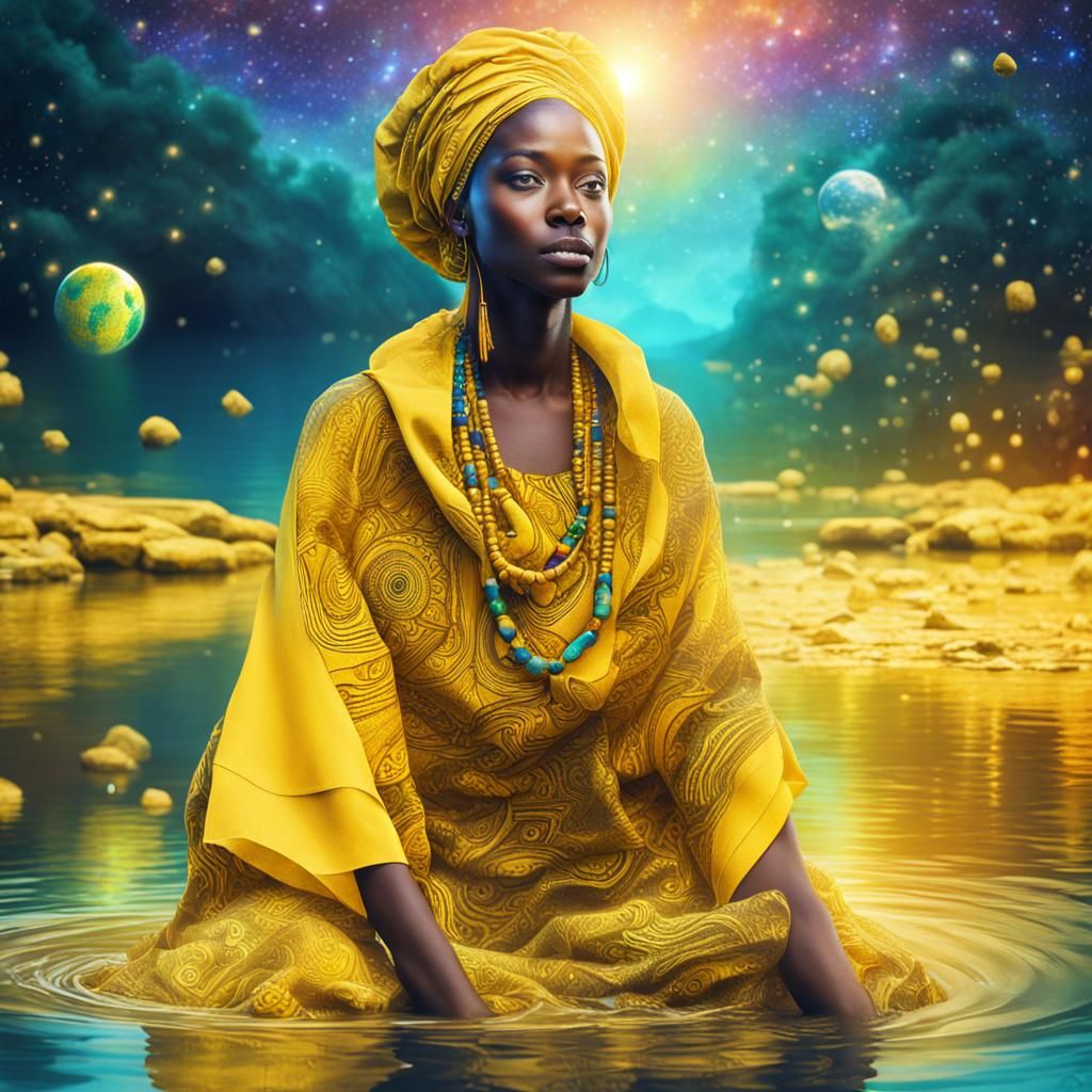 Young African Woman in River: Pablo Amaringo Style