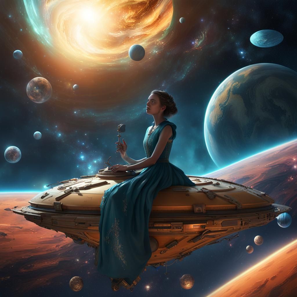 Girl on Solar Sail Spaceship Among Alien Planets