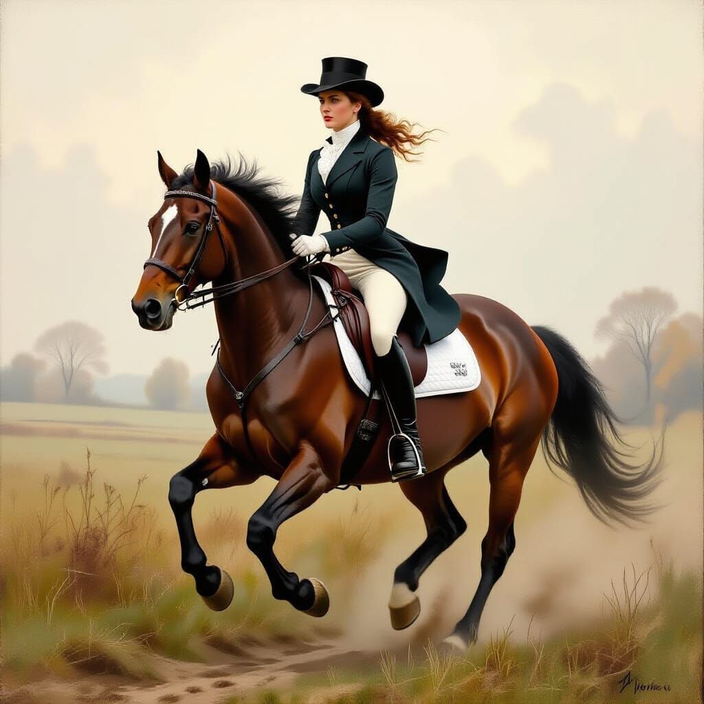 Victorian Woman Gallops Through Misty Countryside in Oil Pai...
