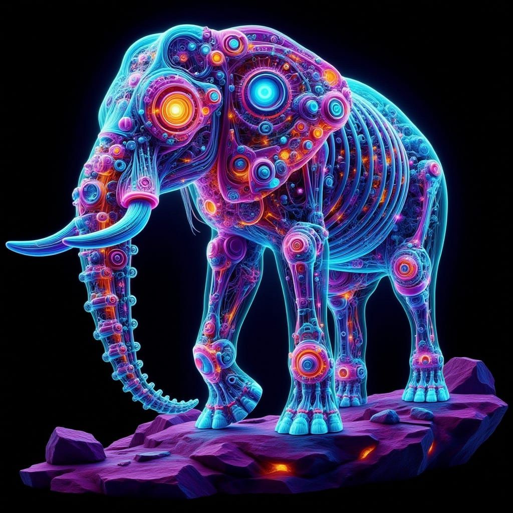 Biomechanical Elephant in Ultraviolet Neon X-Ray Art