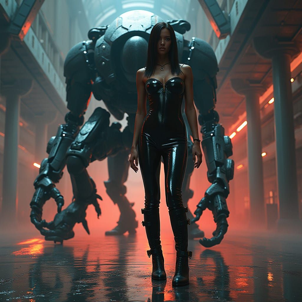 Woman in Latex Dress Faces Cybernetic Beast in High-Contrast...
