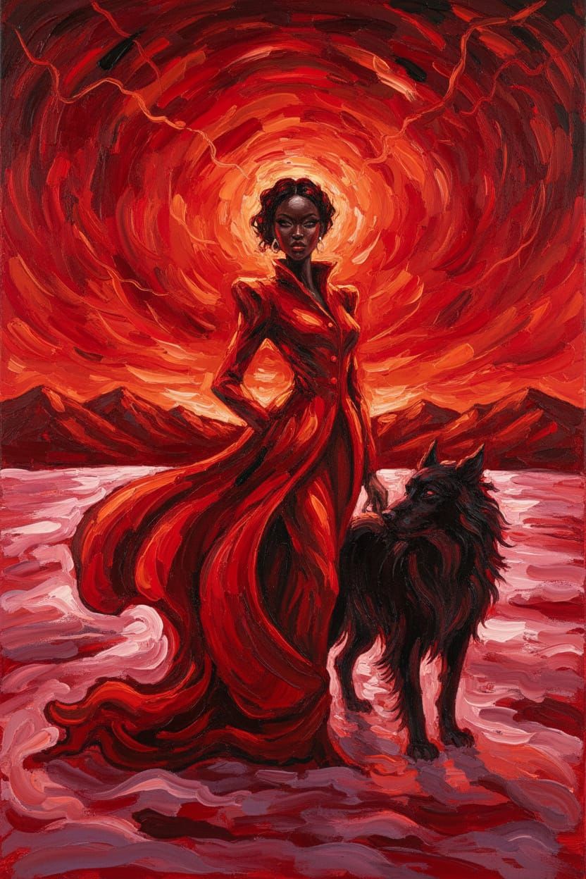 Expressionist Portrait of Woman in Red Coat with Dog in Snow