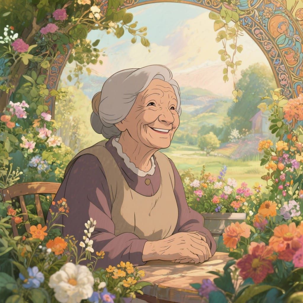 Content Elderly Woman in Lush Garden