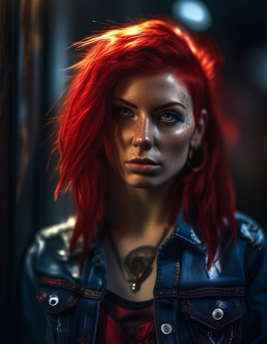 Hyper-Realistic Punk Rocker Girl in Neon Lighting