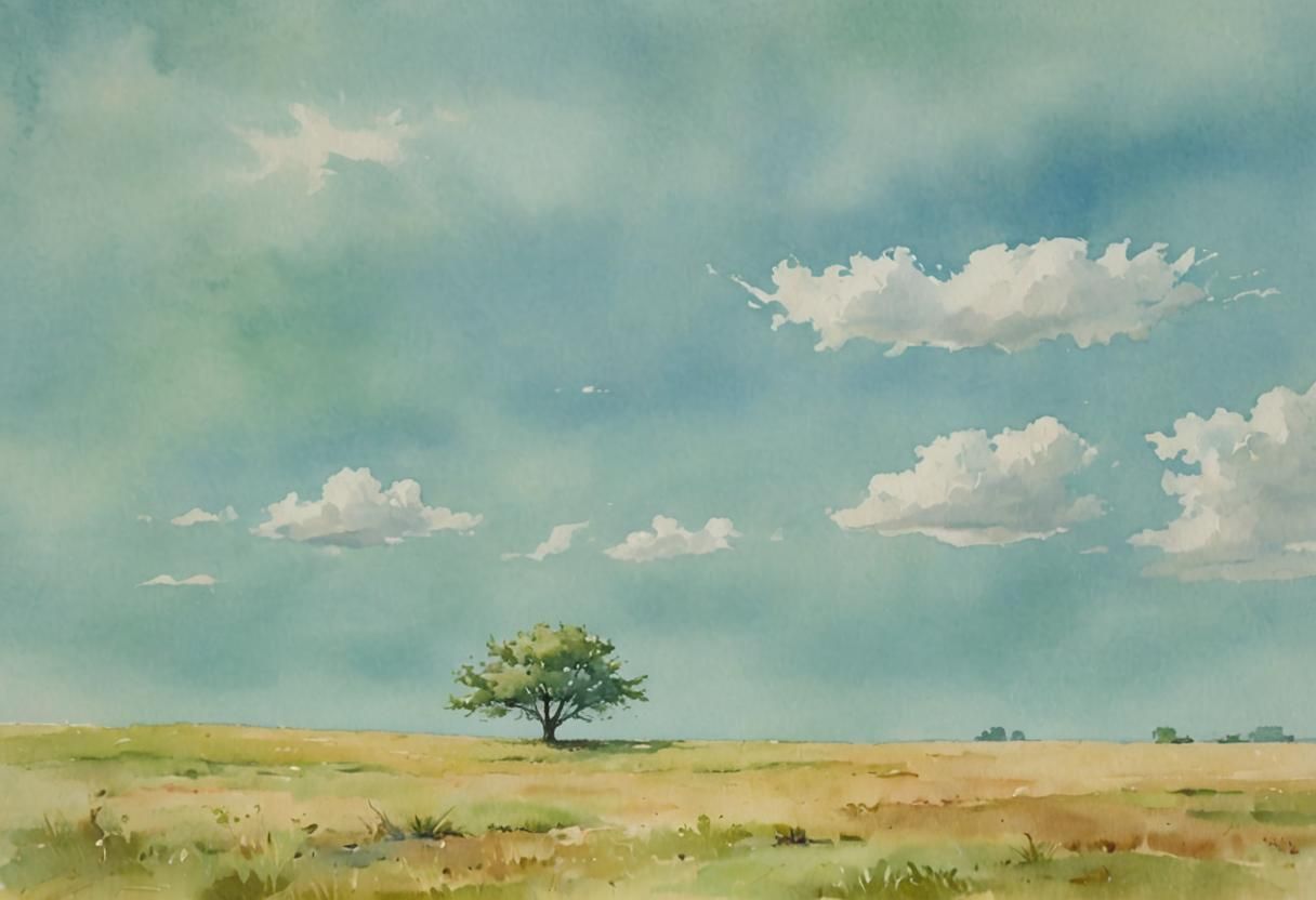 Lone Tree Under Big Sky: Watercolor Landscape