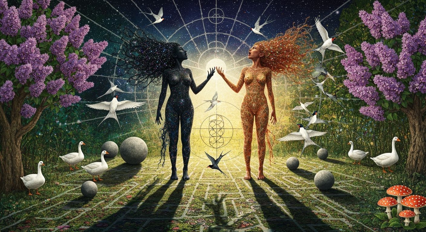 Cosmic Goddess of Life Catches Sun and Moon