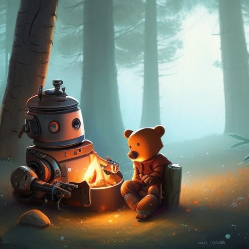 Cozy Campfire Scene with Robot and Bear