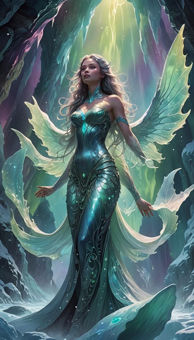Opalescent Siren in Ice Cavern: Fantasy Matte Painting