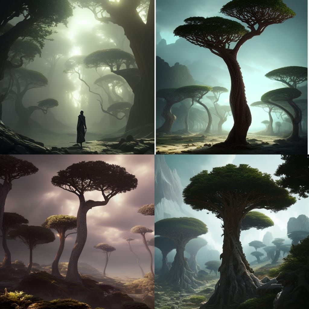 Dramatic Socotra Dragon Trees in Dark Fantasy Art