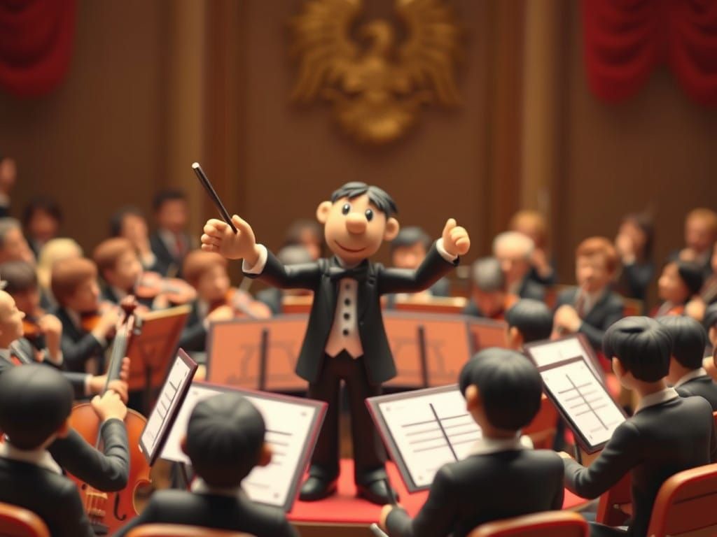 Animated Orchestra Maestro Conducts Vibrant Claymation Orche...