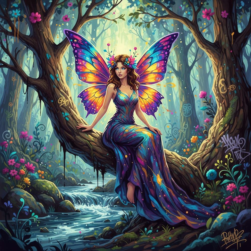 Enchanting Fairy on Tree Branch in Vibrant Graffiti Art Styl...