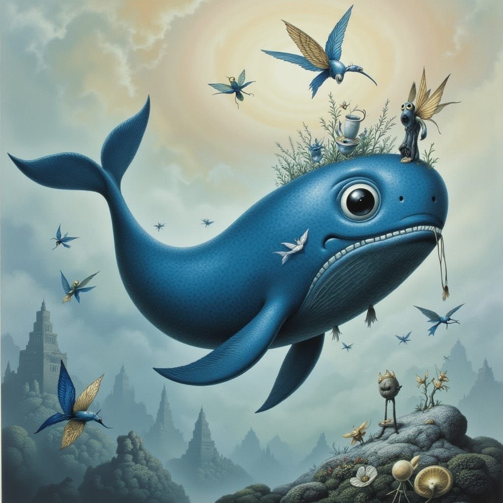 Surreal Whimsical Painting of a Blue Whale with Alien and An...