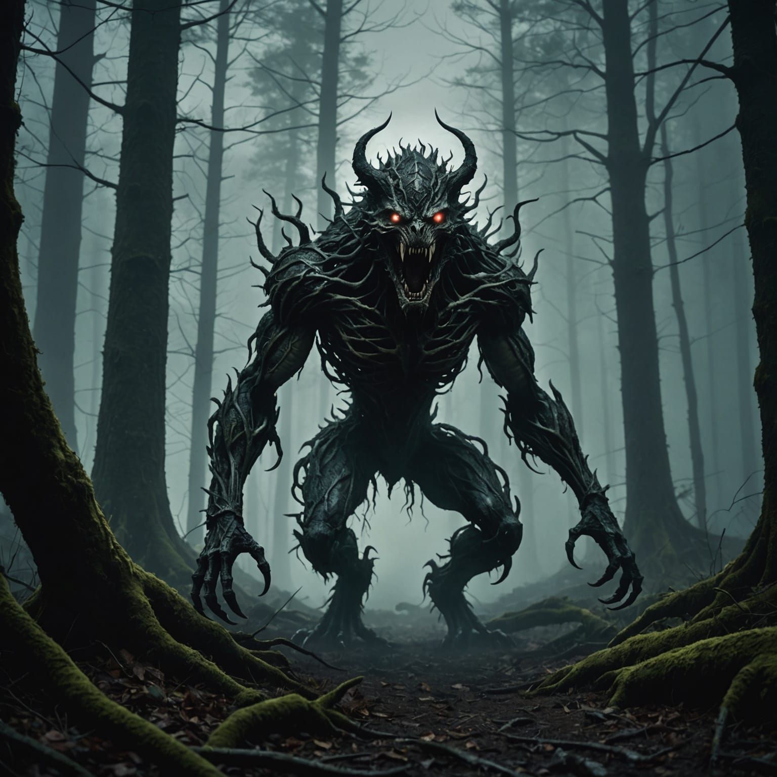 Terrifying Creature Lurking in Misty Forest