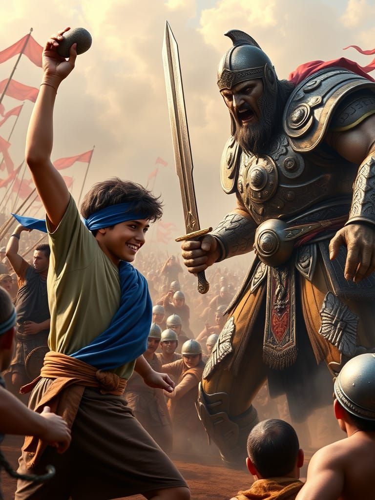 Fearless Youth Confronts Towering Warrior in Epic Battle