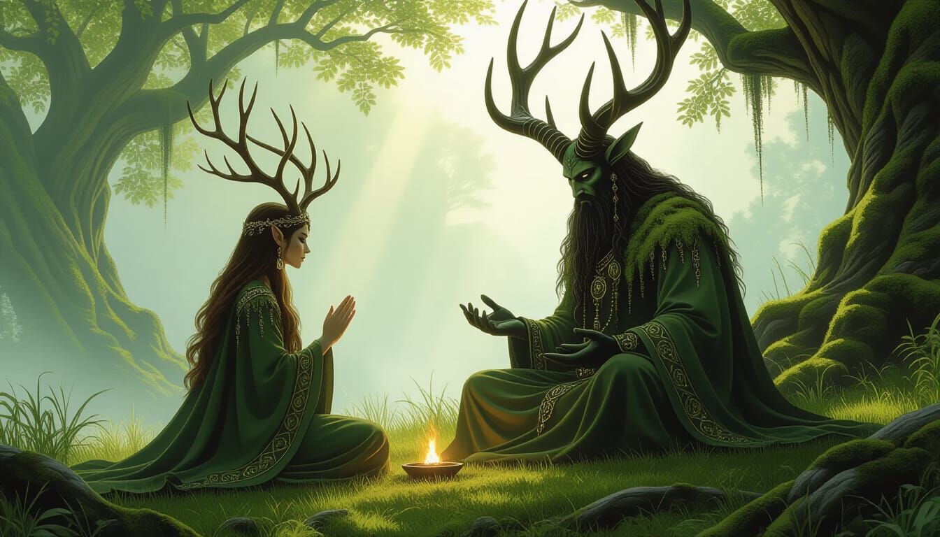 Pagan Priestess Worships Horned God in Ancient Forest