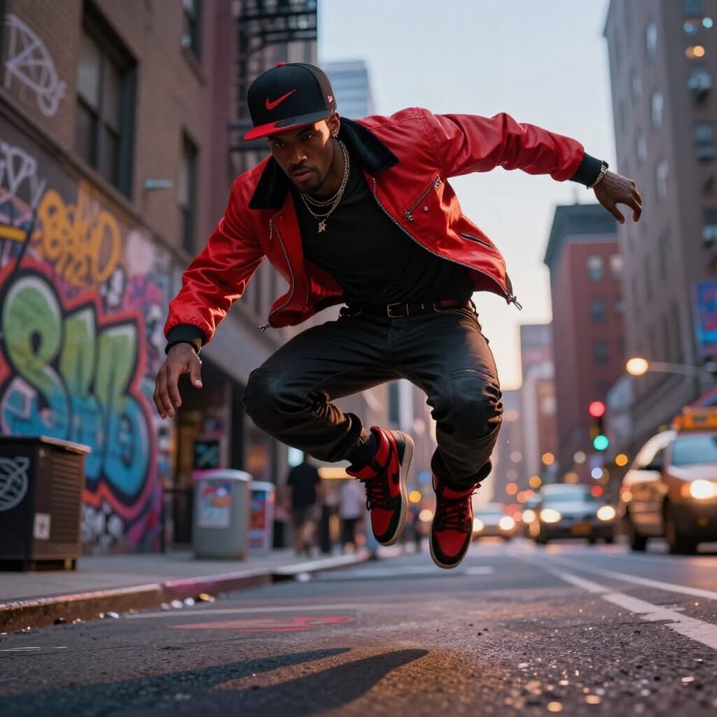 Miles Morales Leaping Through Graffiti NYC Street at Dusk
