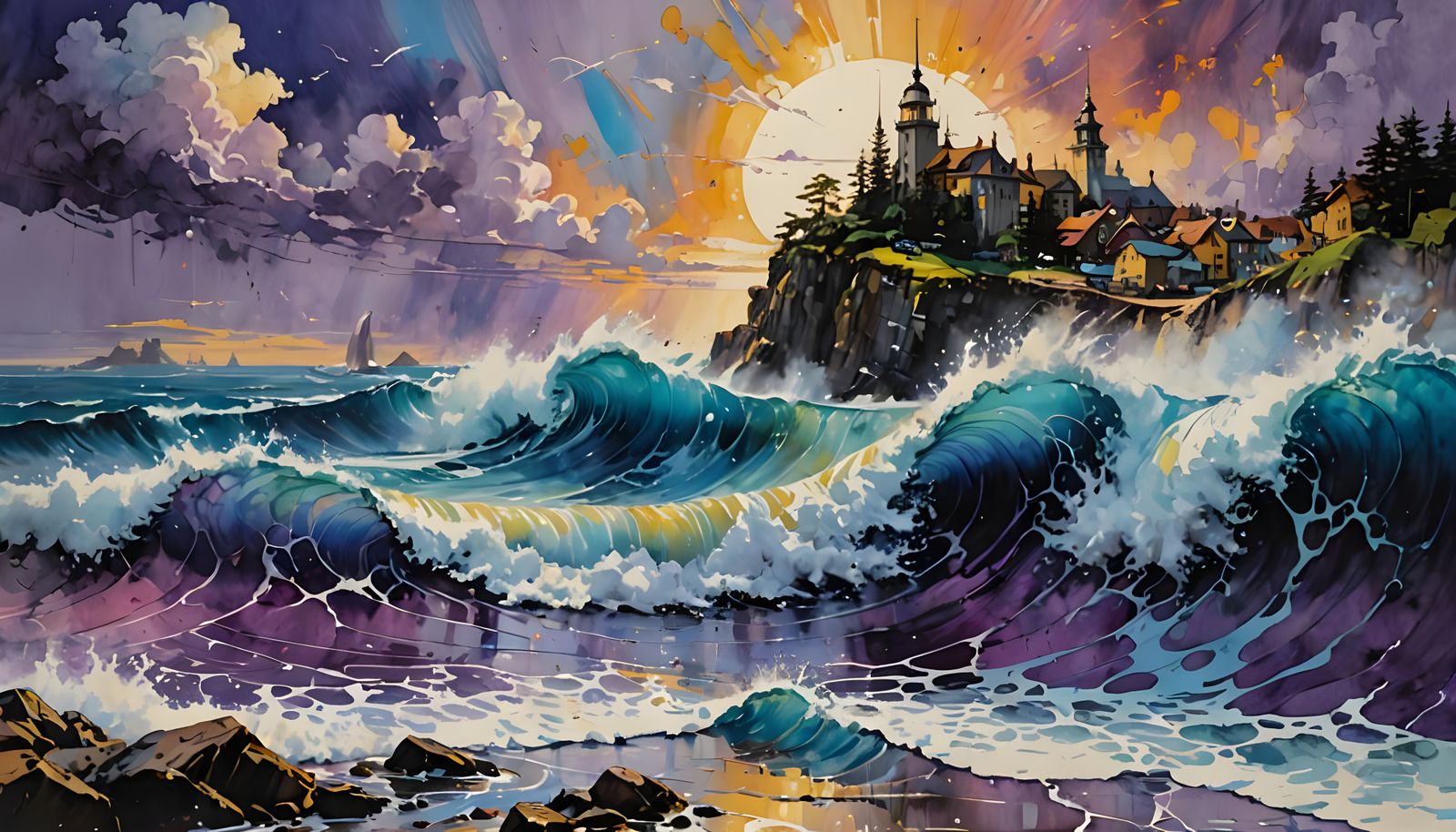 Ink-splashed Ocean Waves in Gouache Style
