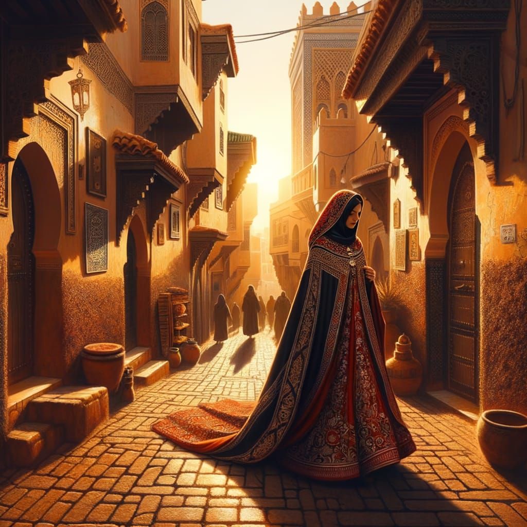 a warm, walkway past sun-baked, stucco buildings in Tangier Morocco,