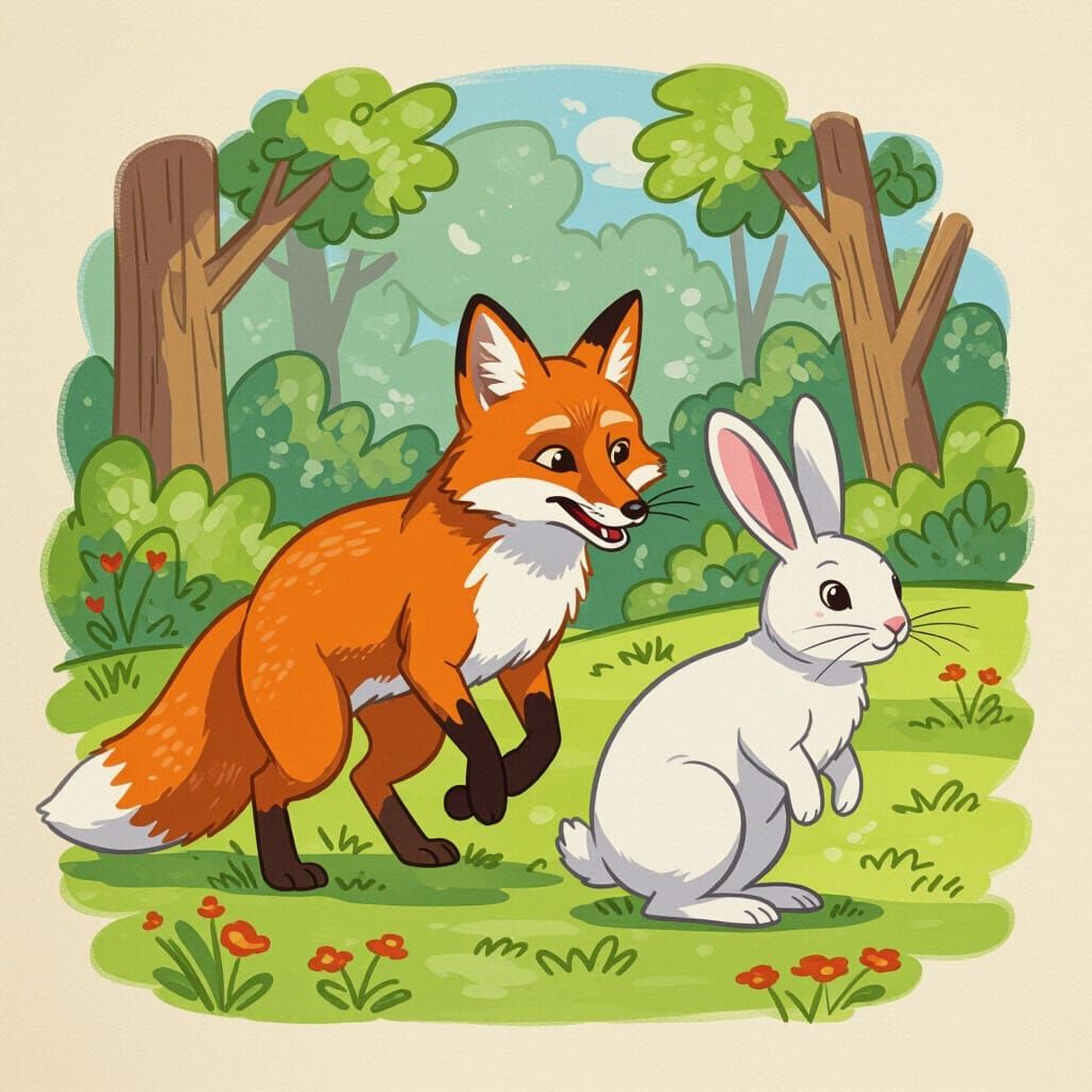 Cunning Fox Chasing a White Rabbit