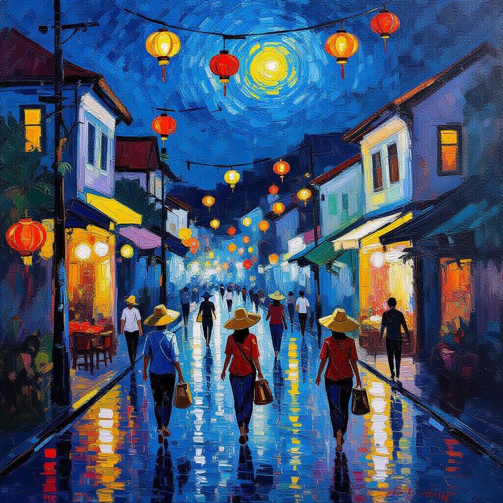 Thai Street Scene at Dusk in Van Gogh Style