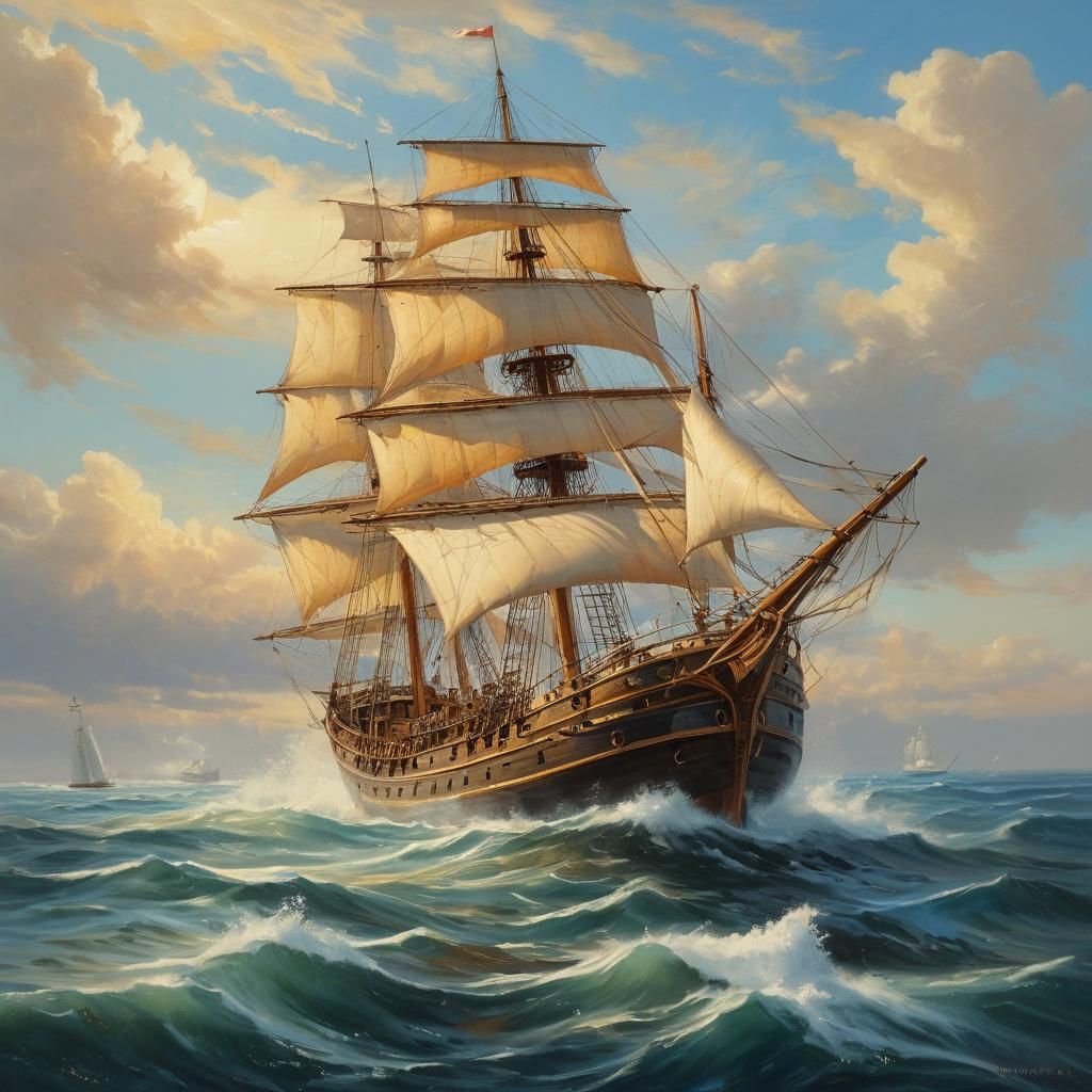 Heroic Sailing Ship in Golden Light: Oil Painting
