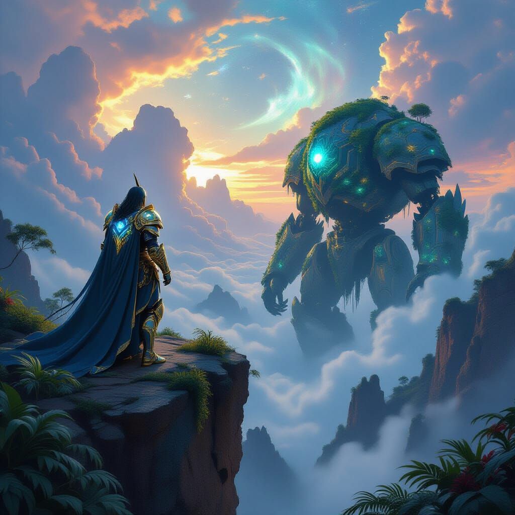 Knight Overlooking Bioluminescent Jungle in Fantasy Art Styl...