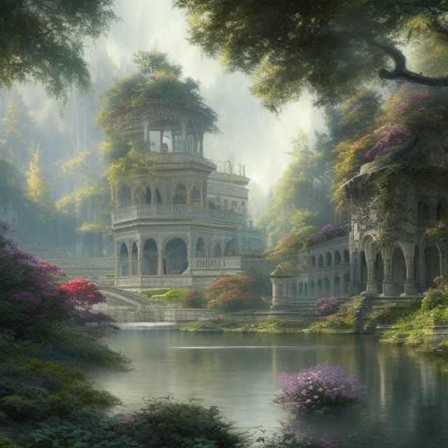 Heavenly Marble Palace by River in Fantasy Style