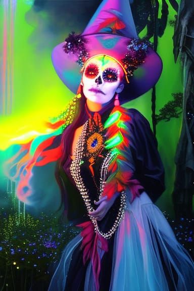 Sugar Skull Witch Portrait in Vibrant Garden