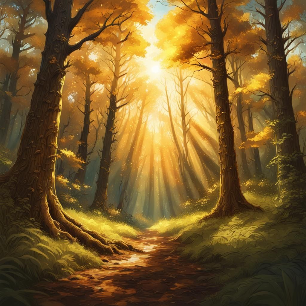 Hyperrealistic Golden Light in Forest
