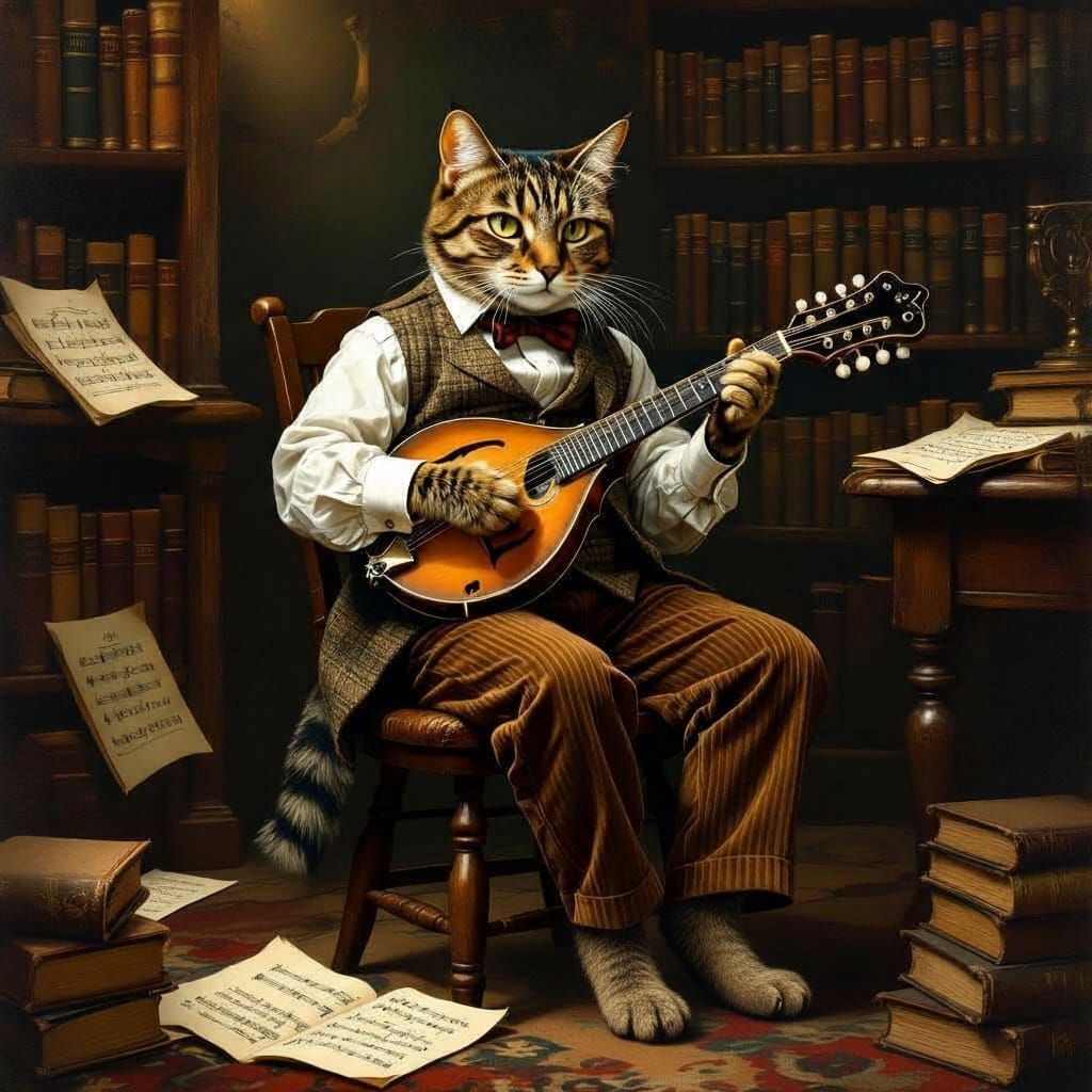 Tabby Cat Musician in Classical Painting Style