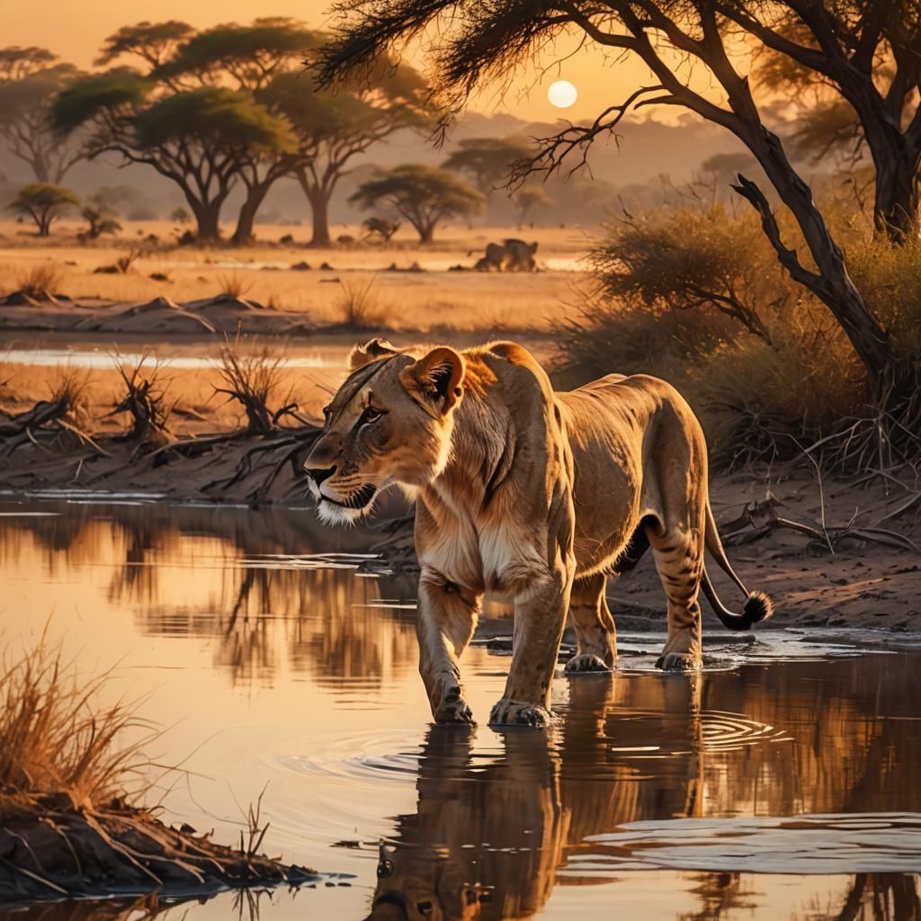 Lioness at Sunset: A Majestic African Scene
