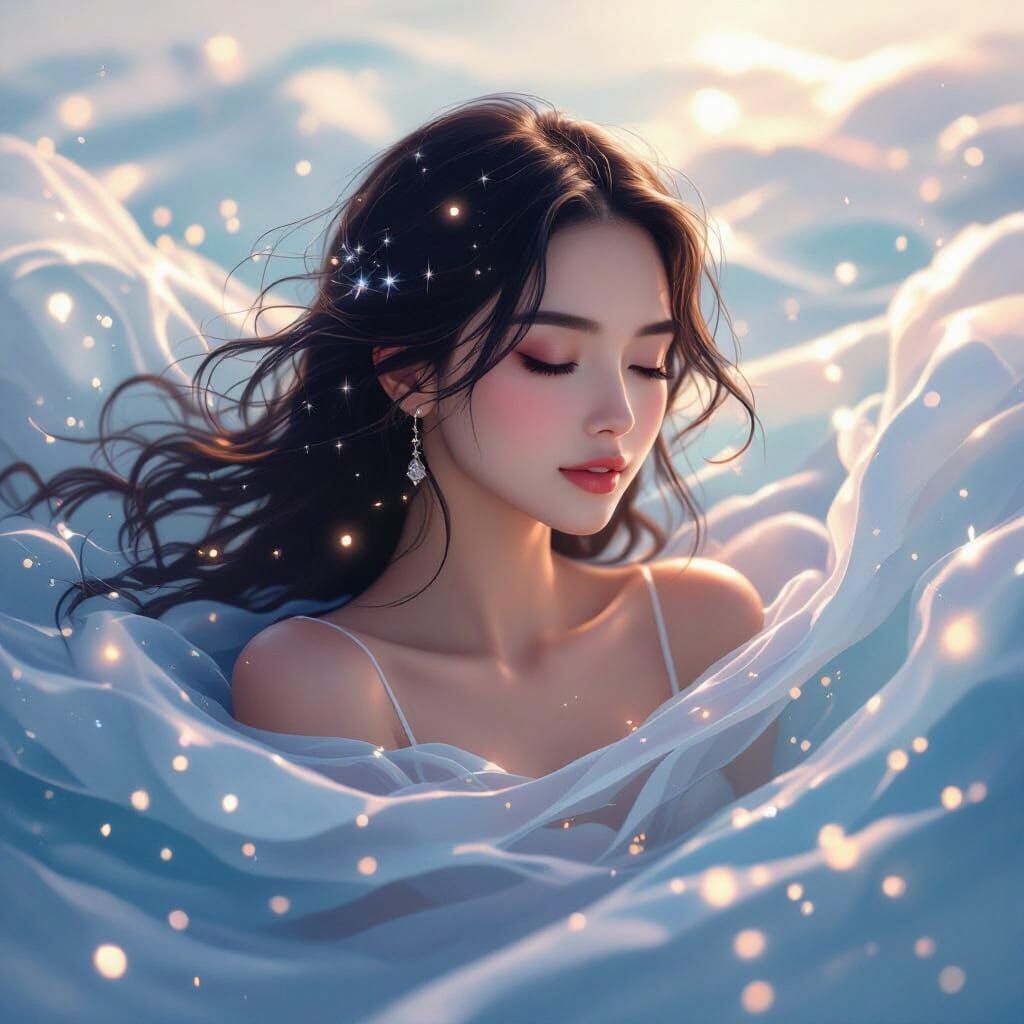 Ethereal Woman Surrounded by Waves of Light