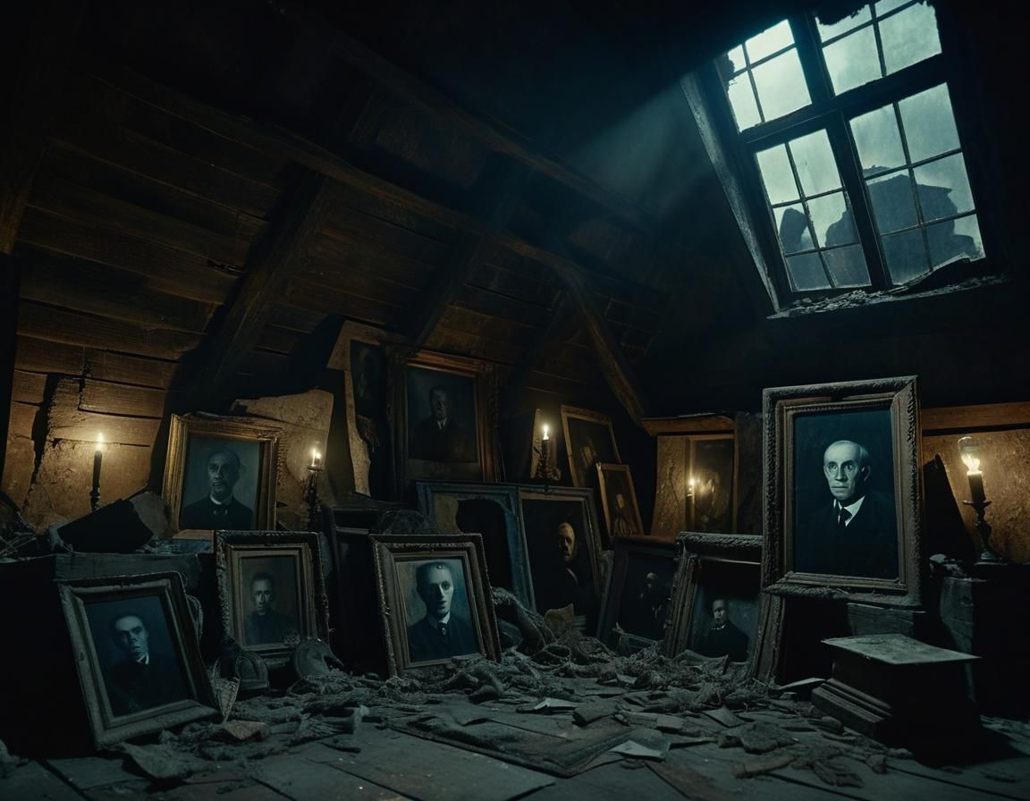 Eerie Portraits in an Attic: Surreal Cinematic Image