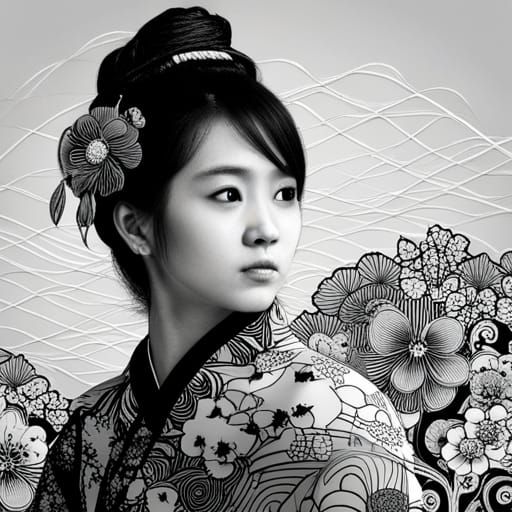 Kimono Girl in Sakura Garden: Detailed Line Drawing