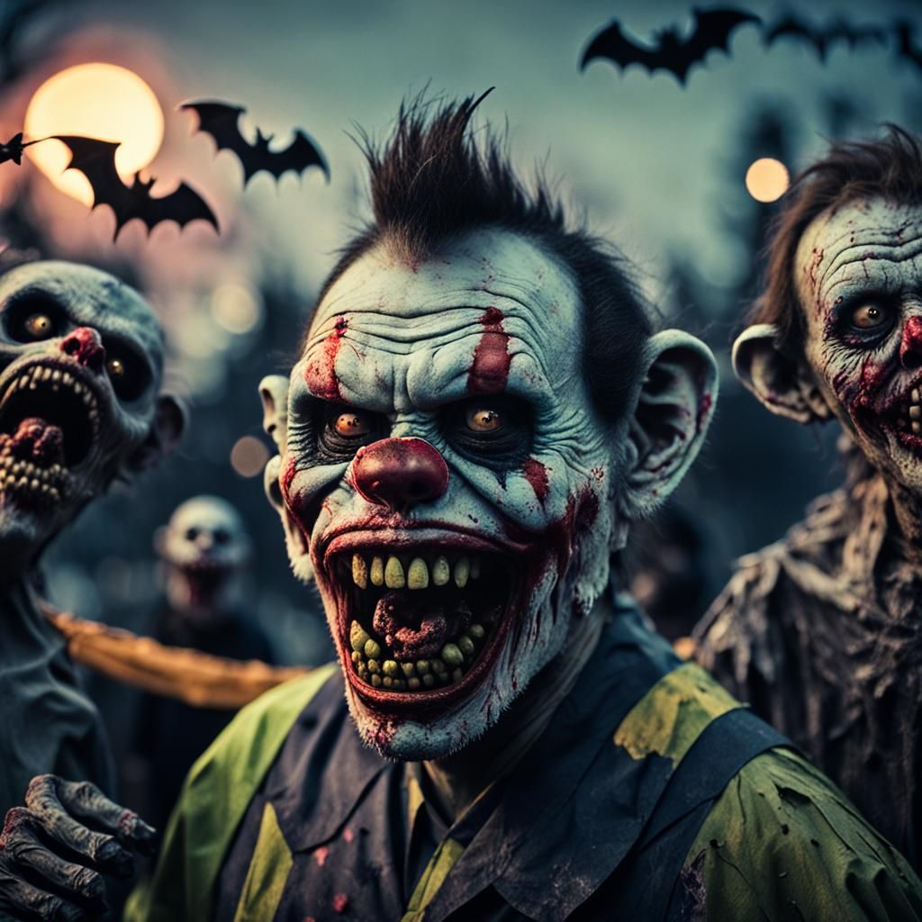 Zombie Monkey Clown Surrounded by Bats