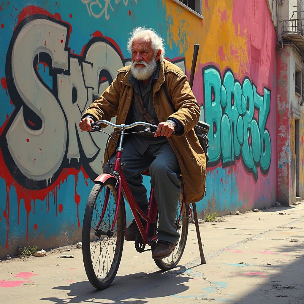 Elderly Man in Vibrant Urban Streetscape on Vintage Bicycle