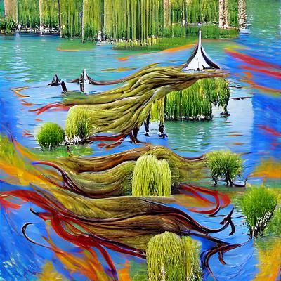 Willow Trees Reflecting in Lake Painting