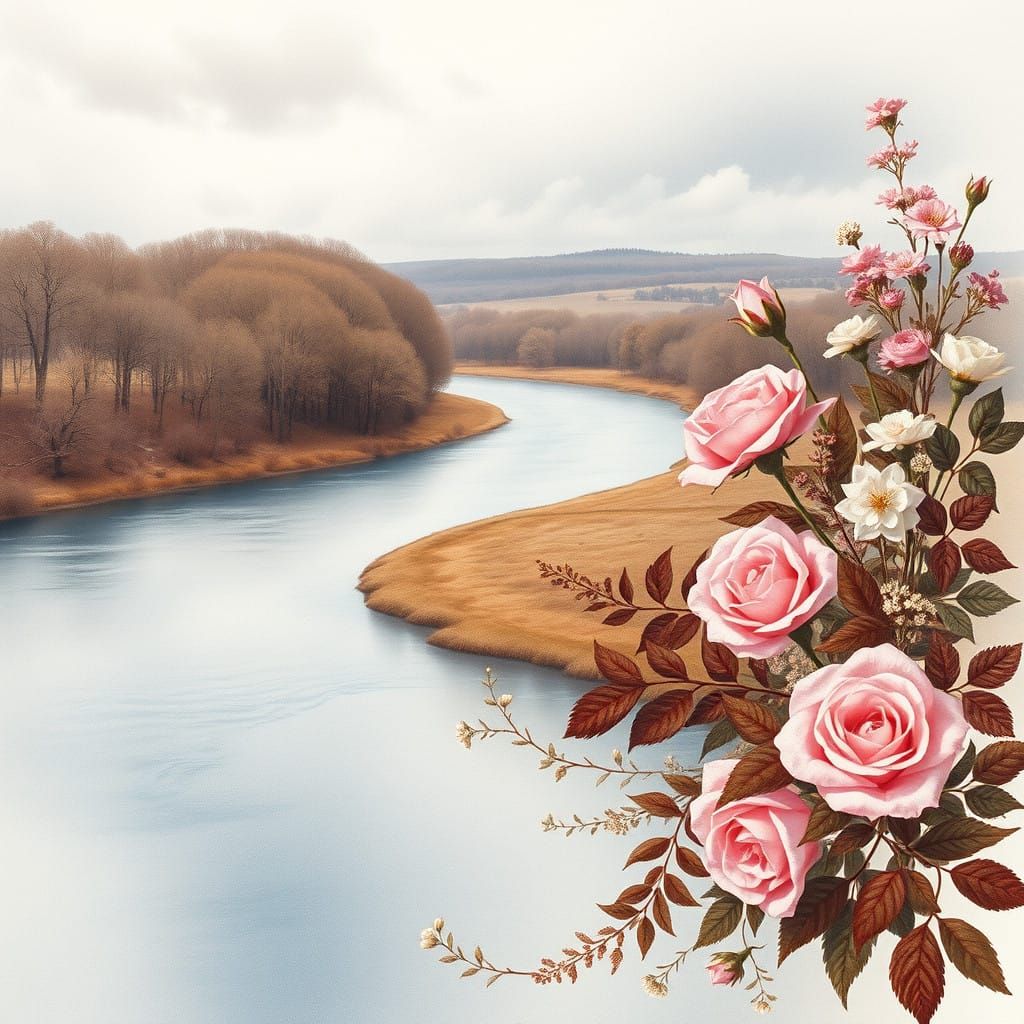 Whimsical River Landscape with Vibrant Wildflowers