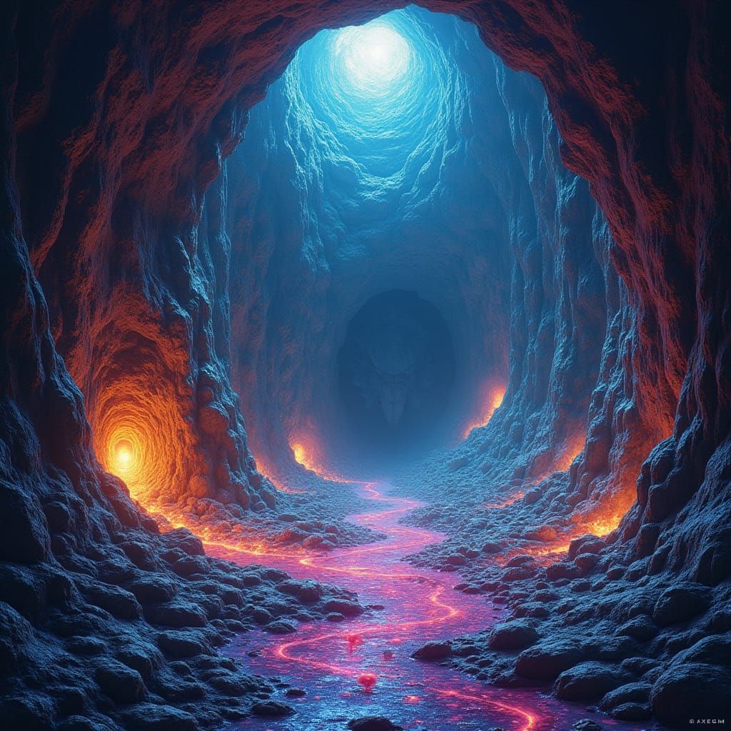 Mystical Cave of Glowing Artifacts in Visionary Art