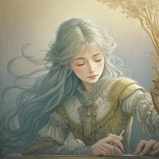 Artist Sensing Art Supplies in Arthur Rackham Style