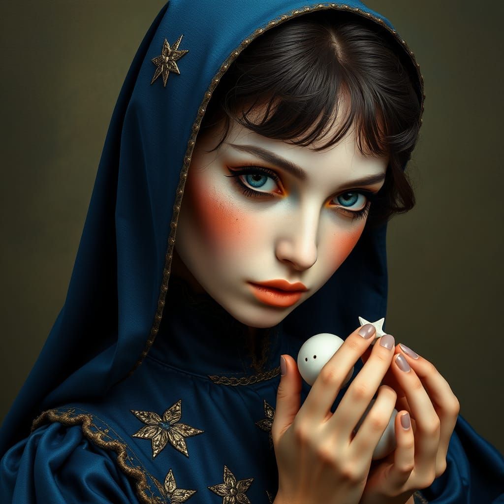 Woman in Starry Dress Holding Floating Dwarfs