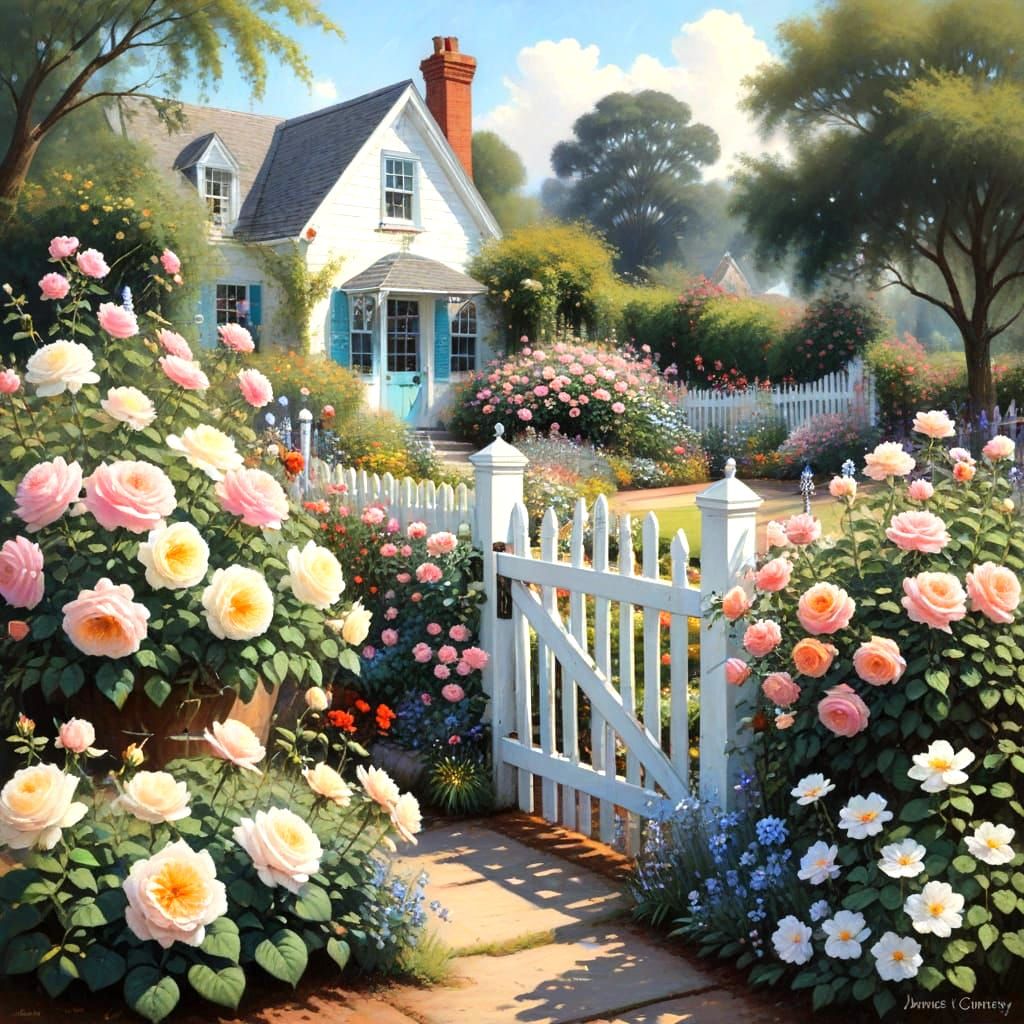Whimsical Cottage Garden in Soft Pastels